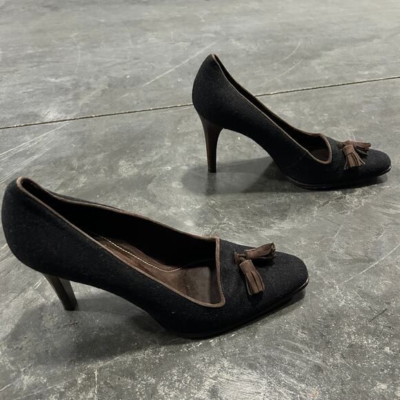 Ralph Lauren Caryl Gray Wool Flannel Pumps with Brown Suede Trim & Tassels Sz 10 - Picture 3 of 11